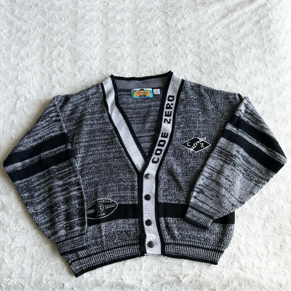Vintage Code Zero Cardigan Sweater Mens Large Black Gray Knit 80s Hip Hop Vtg